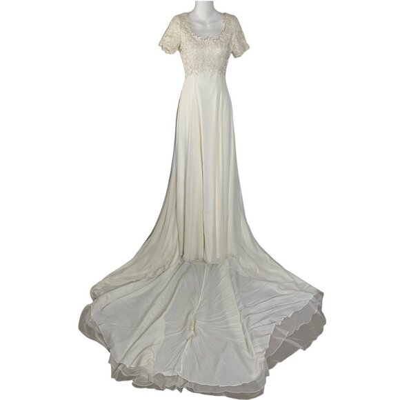Demetrios Ivory Wedding Dress Sz 4 Floral Bodice Chiffon Skirt Short Sleeve - Picture 1 of 12